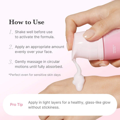 Hand applying skincare product with text on how to use it