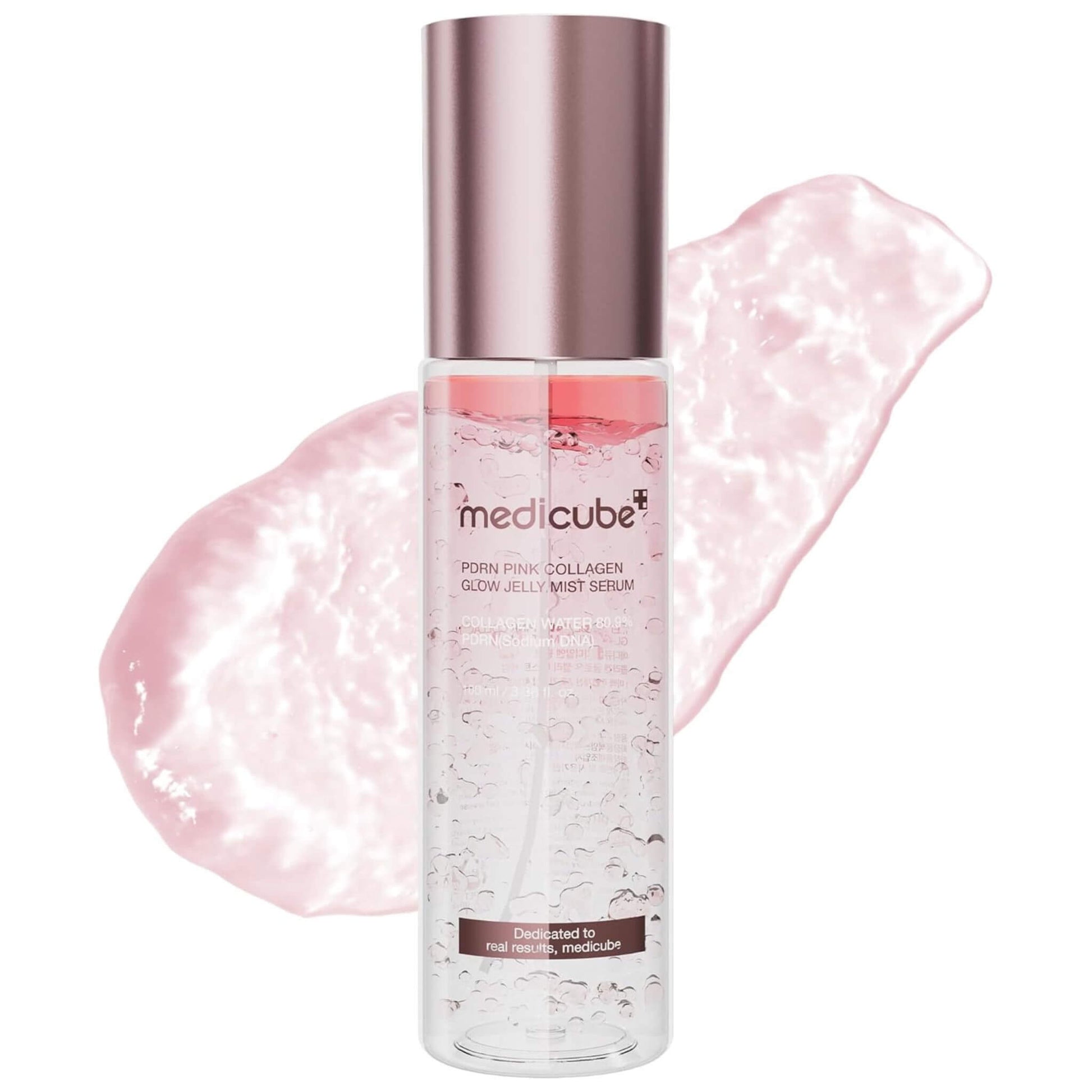Medicube pink collagen glow jelly mist serum bottle with pink jelly on a white background