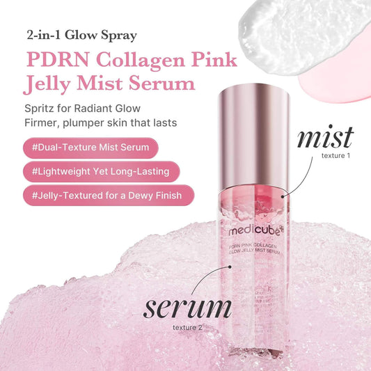 Medicube PDRN Collagen Pink Jelly Mist Serum bottle with product details on a pink background
