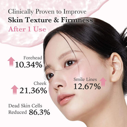 Advertisement showing a woman's face with skincare benefits highlighted, including improved skin texture and firmness.