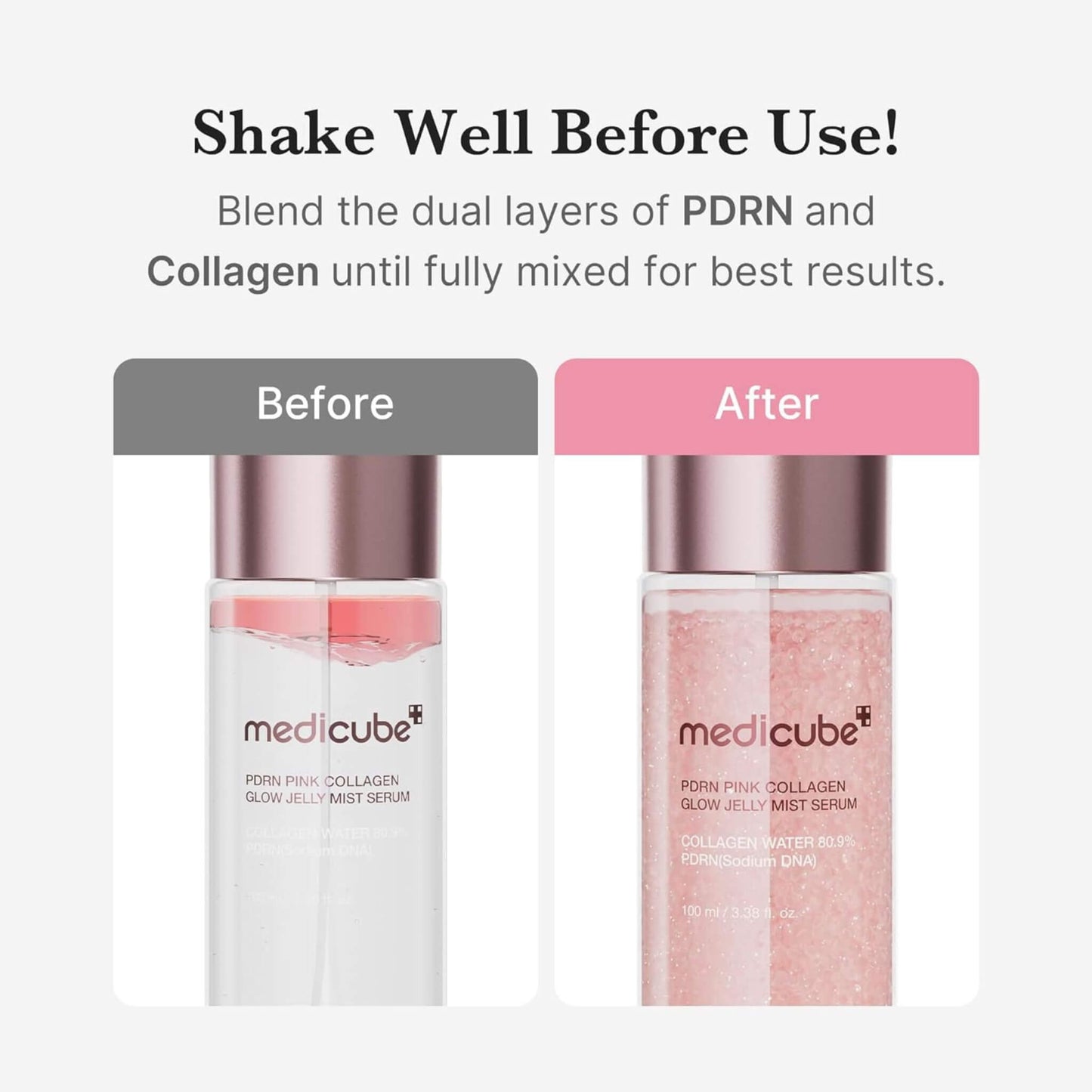 Two bottles of Medicube Pore Pink Collagen Glow Jelly Mist Serum with 'Before' and 'After' labels on a white background.