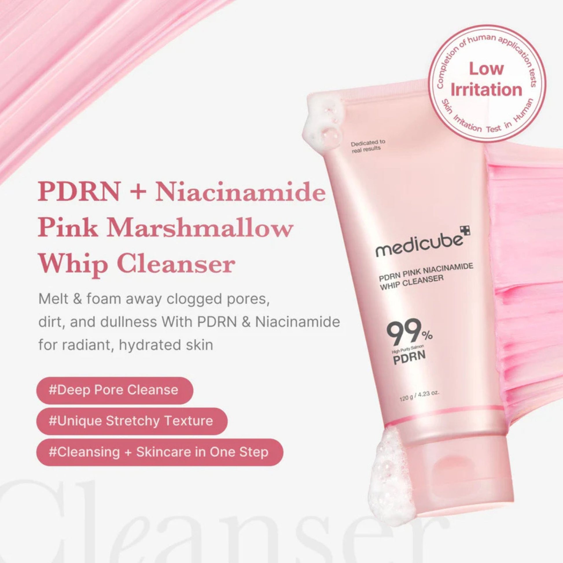 Pink Marshmallow Whip Cleanser with product details on a light pink background