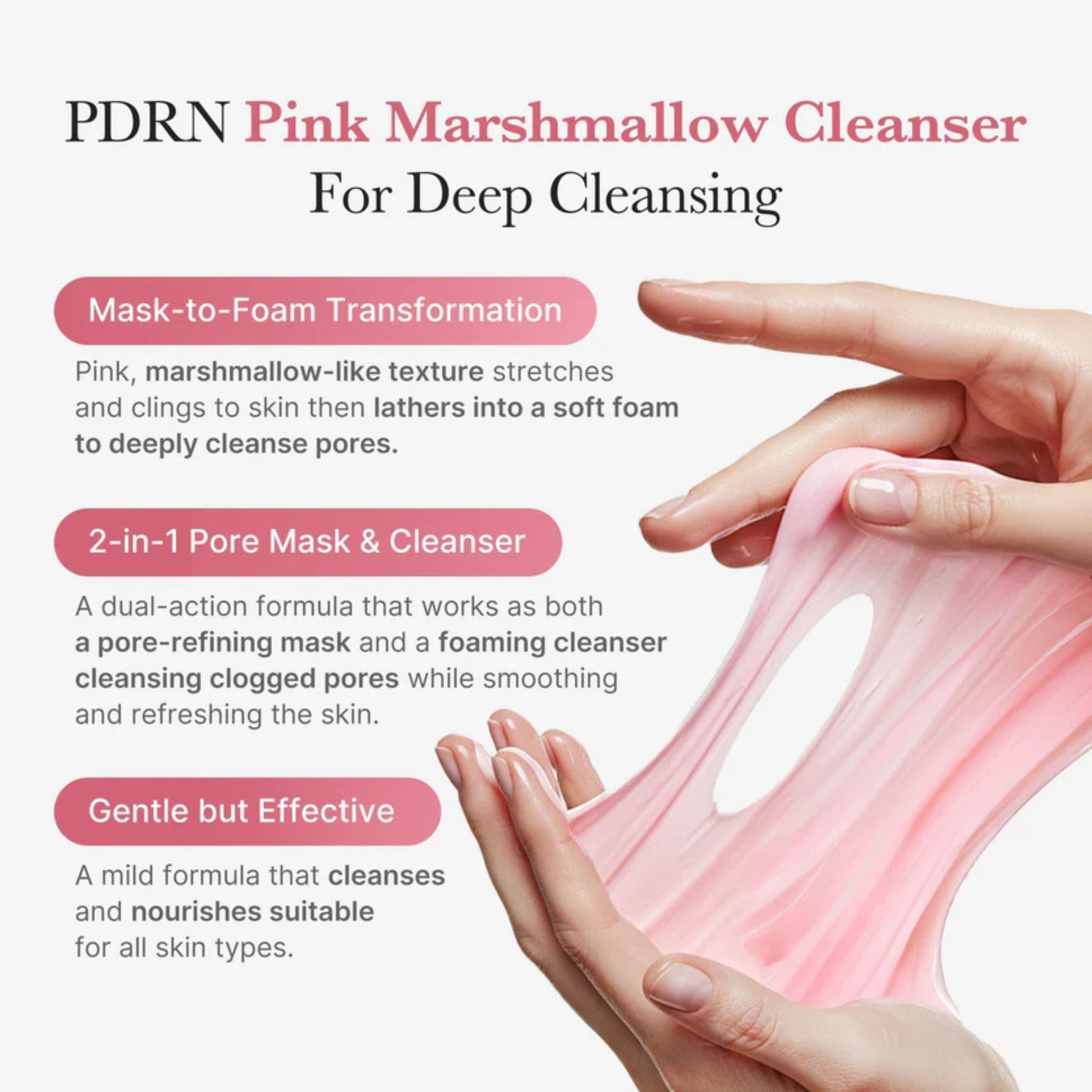 PDRN Pink Marshmallow Cleanser being stretched between hands with product description text.
