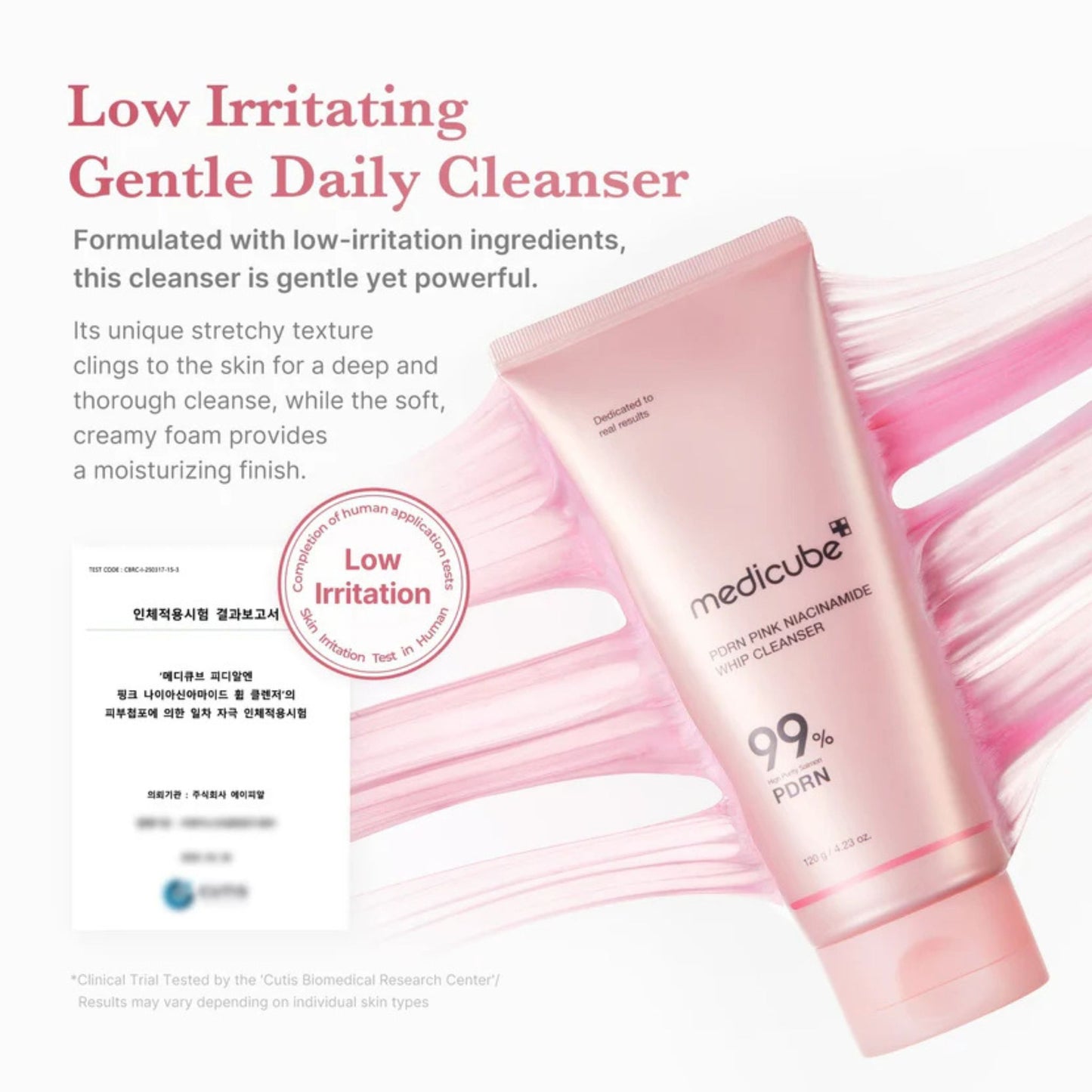 Pink tube of Medicube cleanser with text about low irritation and gentle daily use on a white background.