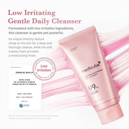 Pink tube of Medicube cleanser with text about low irritation and gentle daily use on a white background.