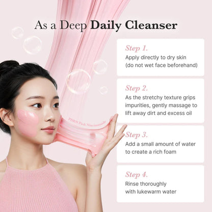 Woman applying a deep daily cleanser with step-by-step instructions on a pink background