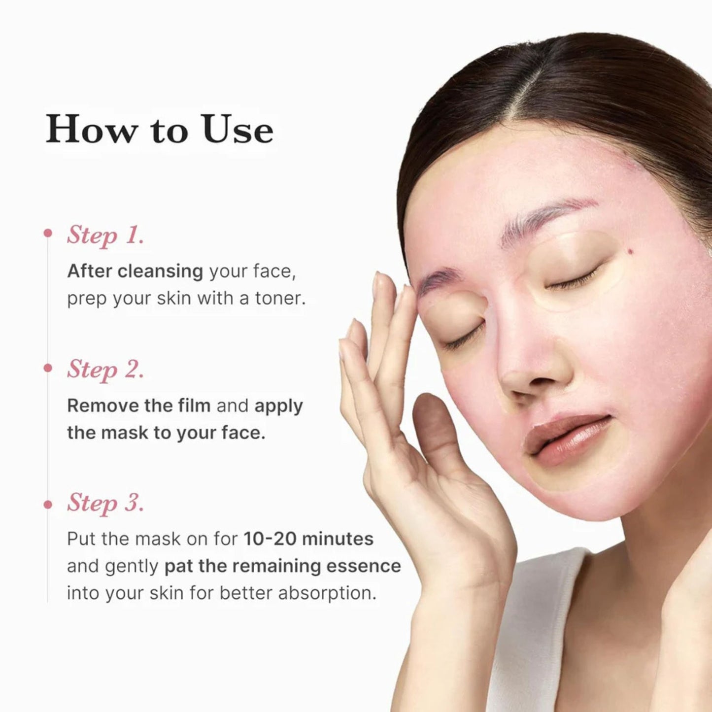 Instructions on how to use a facial mask with a close-up of a woman applying it.
