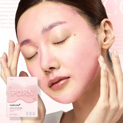 Woman applying a pink facial mask with a Mediclebe product in the foreground.
