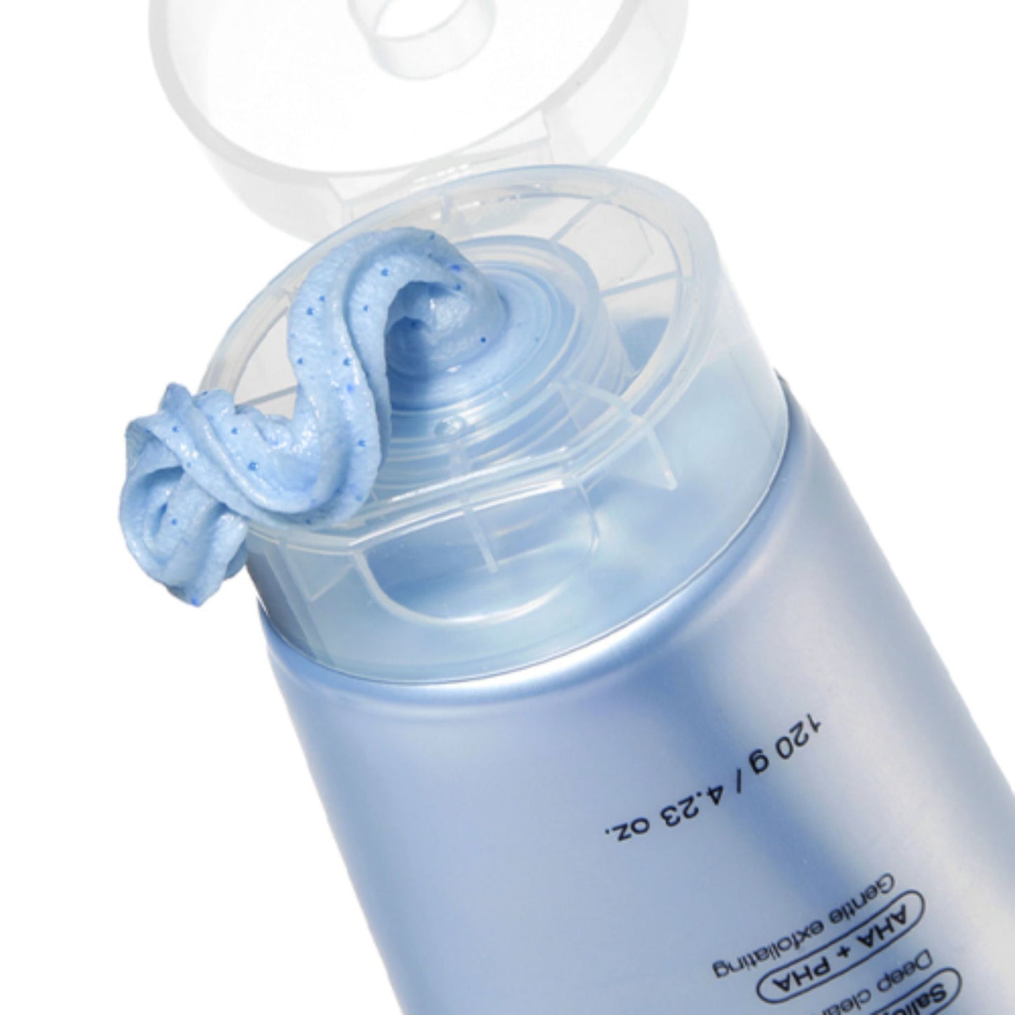 Blue skincare product with a pump on a white background