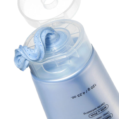 Blue skincare product with a pump on a white background