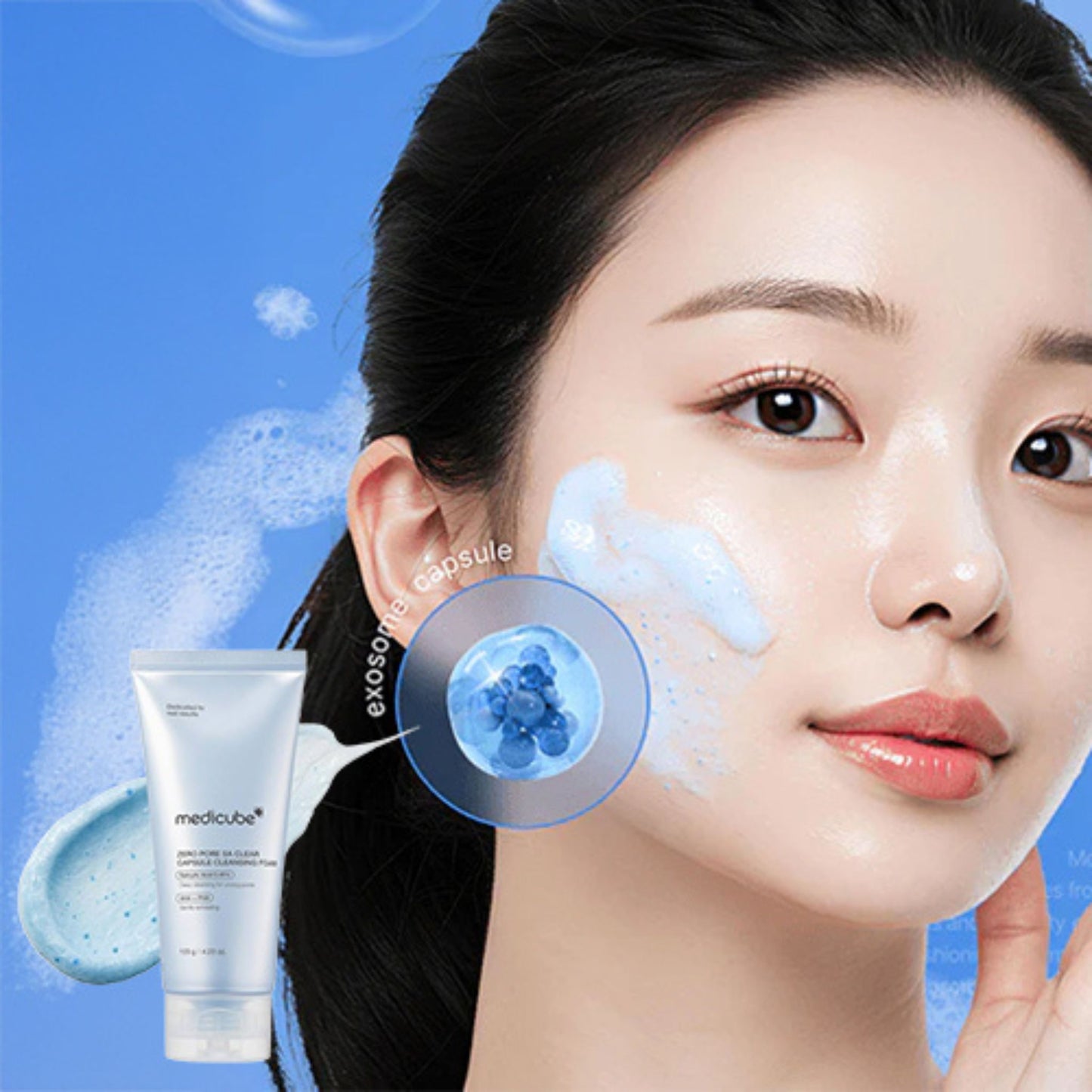Woman applying skincare product with a blue background and product packaging.