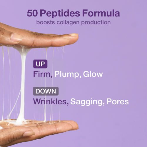 Hand demonstrating a peptide product with text on a purple background