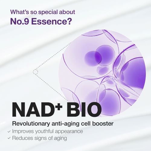 Advertisement for No.9 Essence with NAD+ BIO technology on a white background