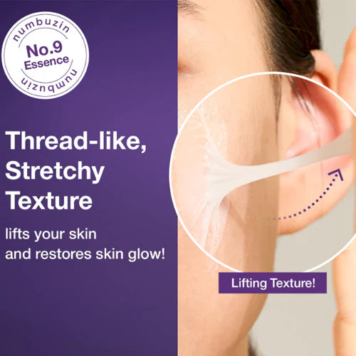 Advertisement for a skincare product with text about thread-like texture and lifting effect on skin.