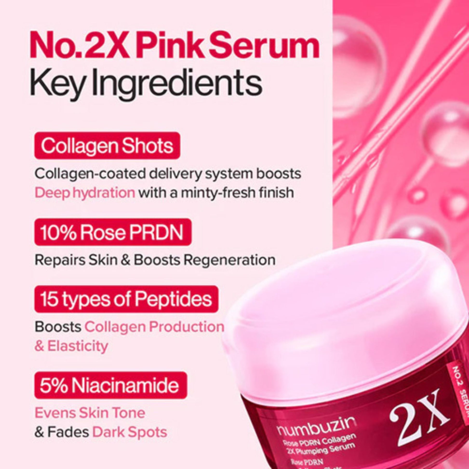 Pink serum container with key ingredients listed on a pink background