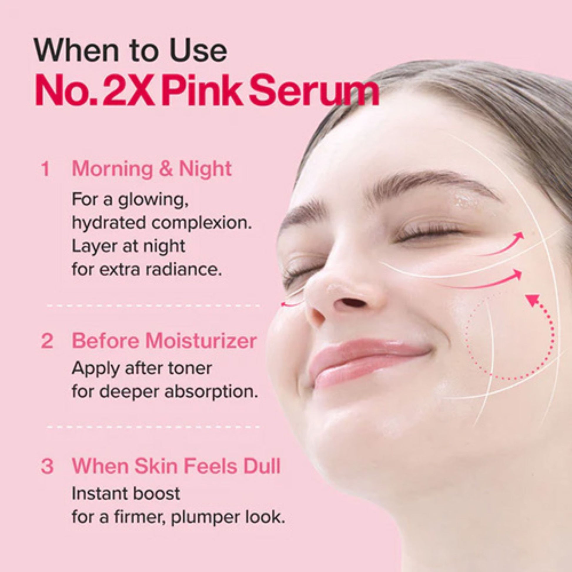 Advertisement for No.2X Pink Serum with a woman's face and usage instructions on a pink background.