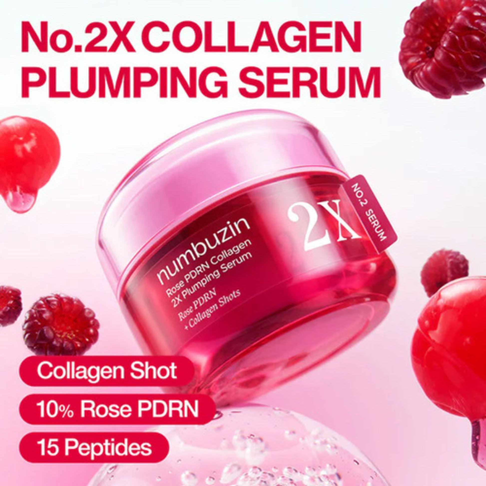 Pink skincare serum jar with raspberries on a pink background, featuring text about collagen and ingredients.