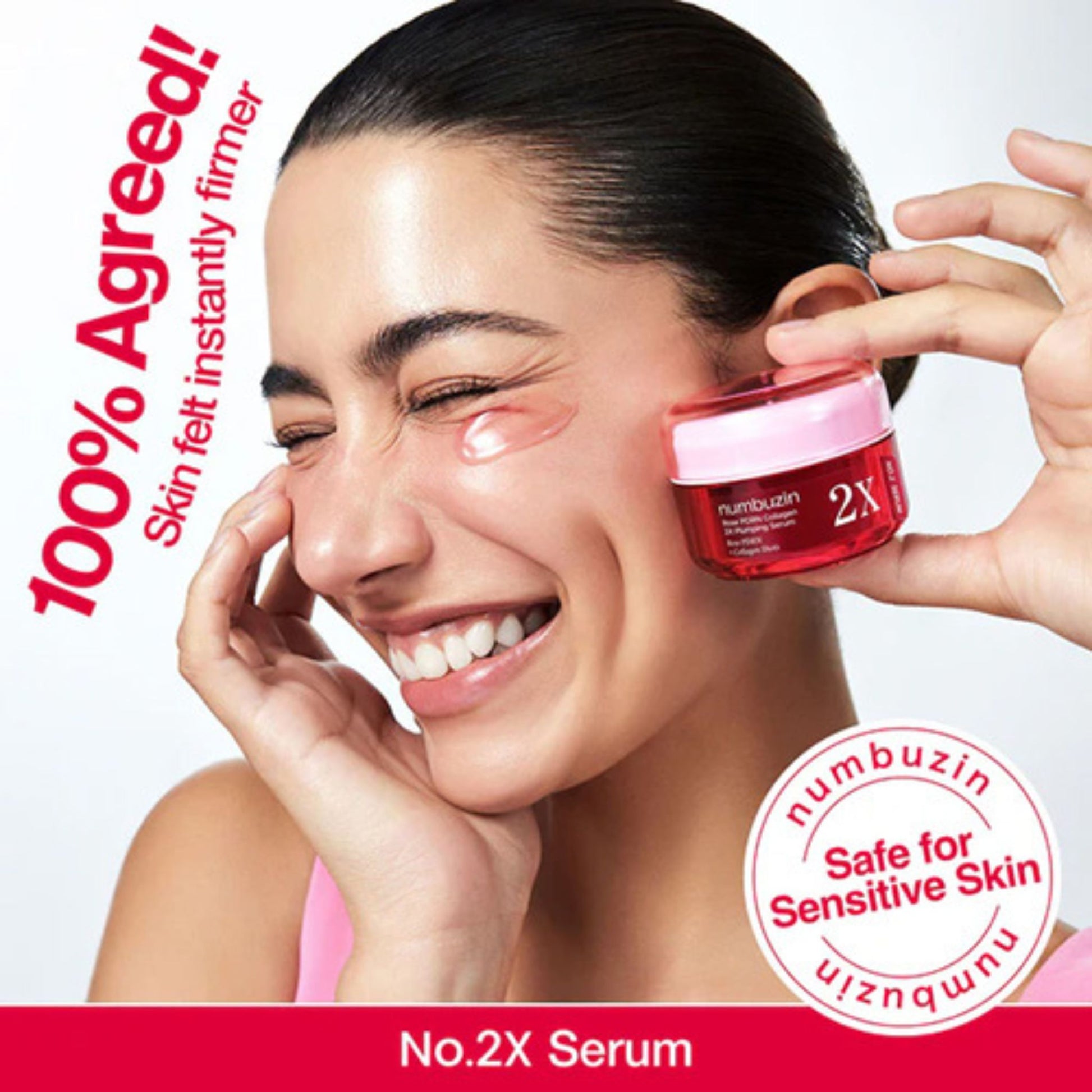 Woman applying a pink serum jar labeled '2X' to her face with text about skin firmness and safety for sensitive skin.