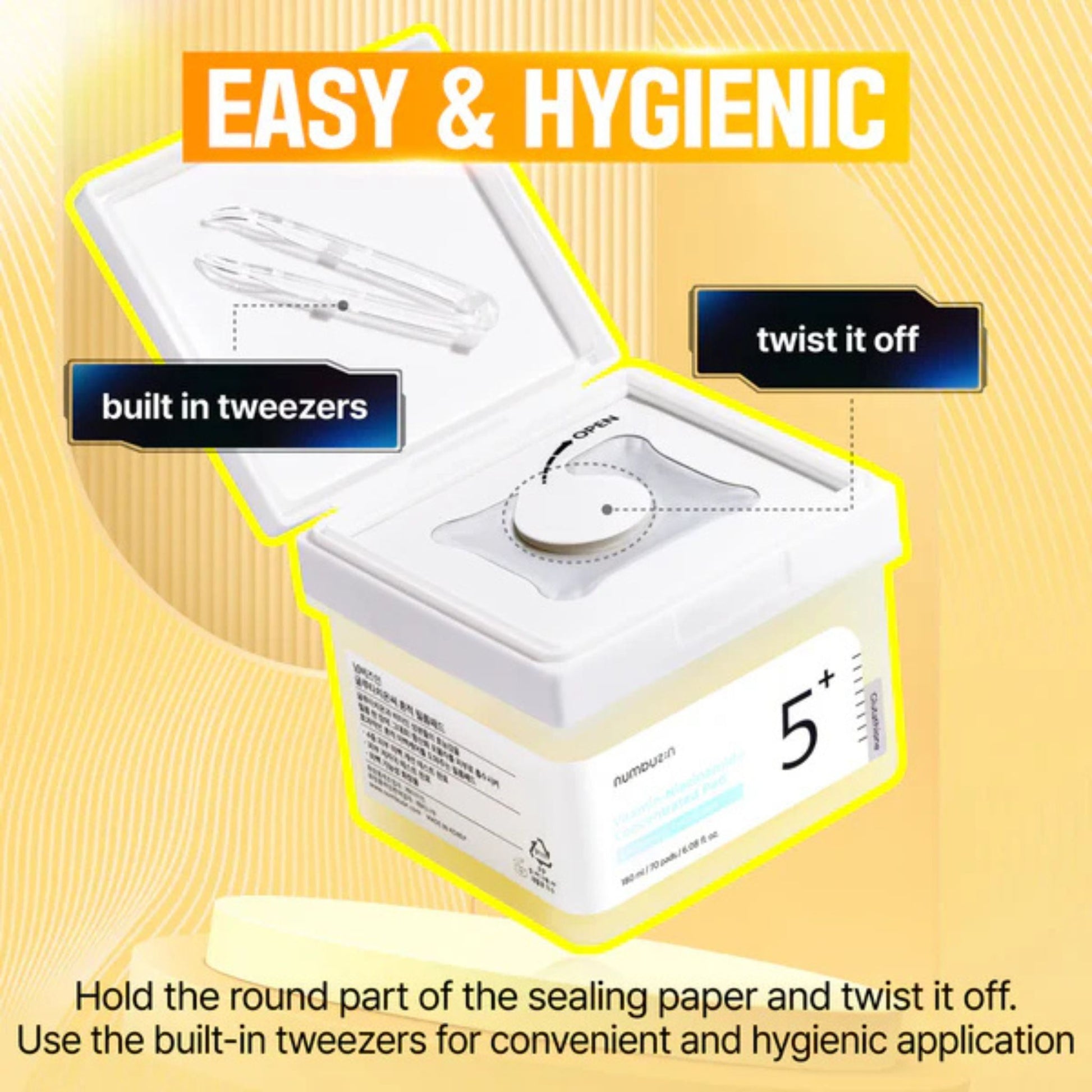 Product packaging with built-in tweezers and sealing paper on a yellow background
