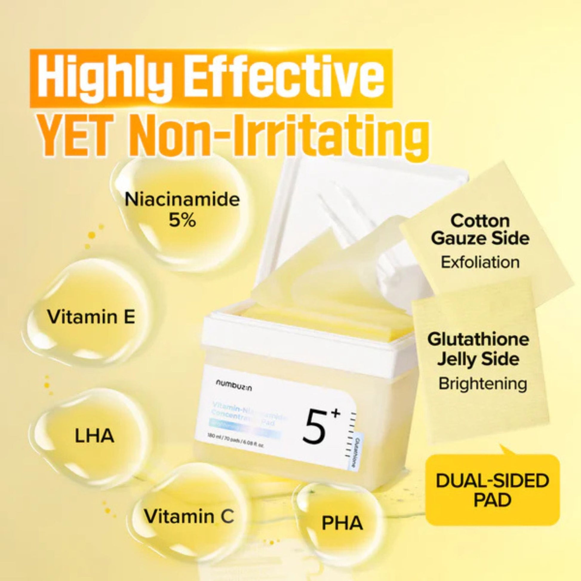 Product packaging with ingredients and benefits on a yellow background