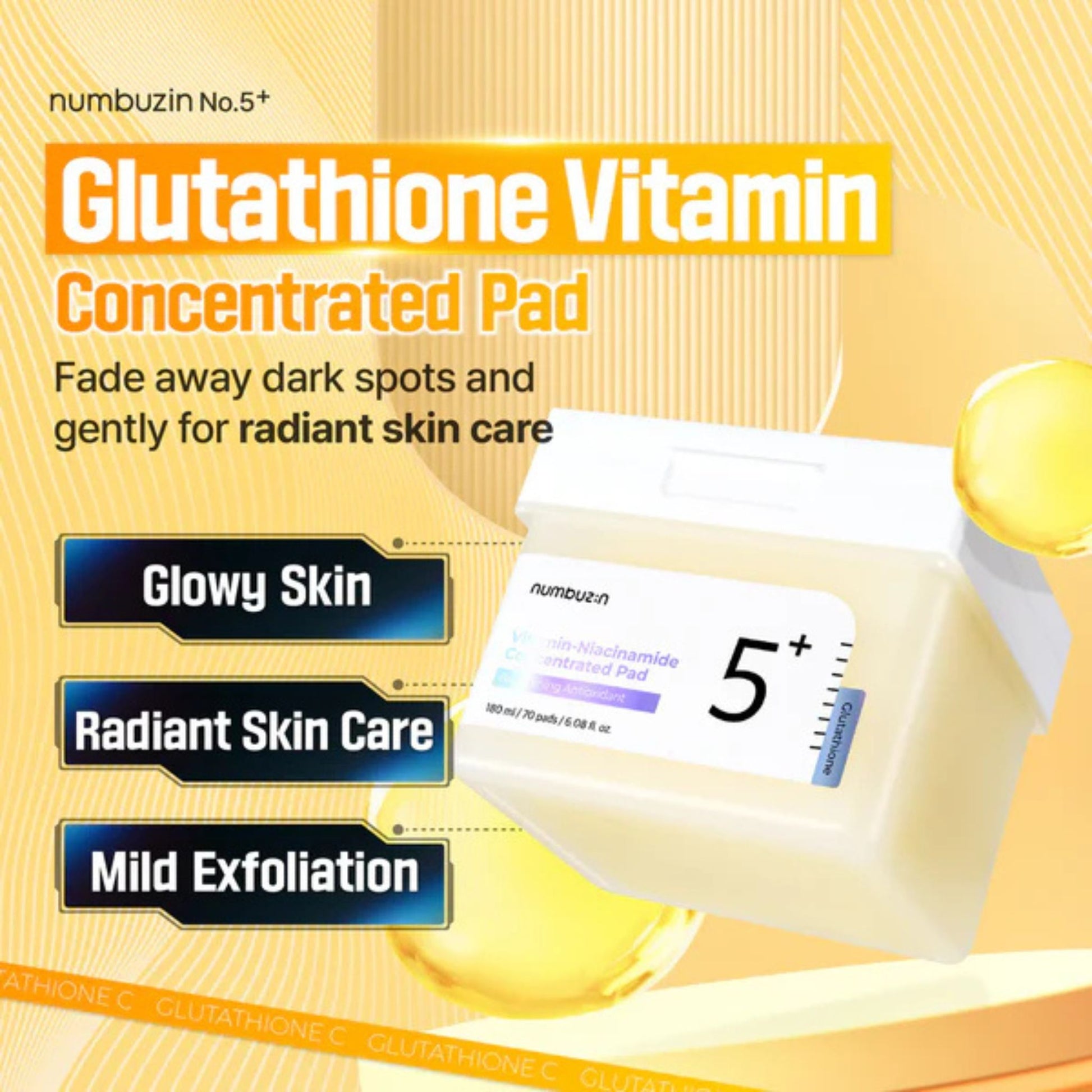 Glutathione Vitamin Concentrated Pad packaging with text on a yellow background