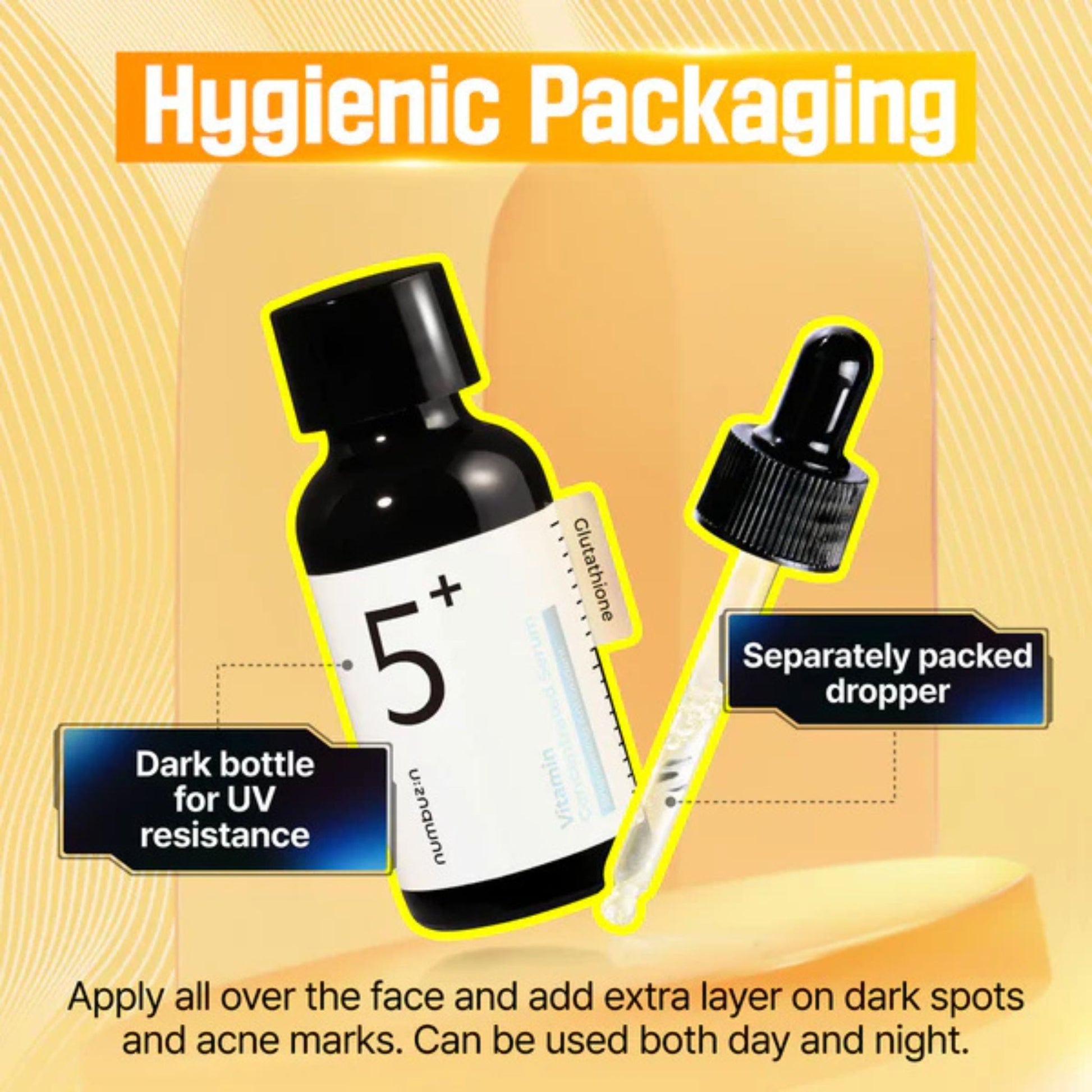 Bottle with dropper labeled '5+' on a yellow background with text about hygienic packaging.