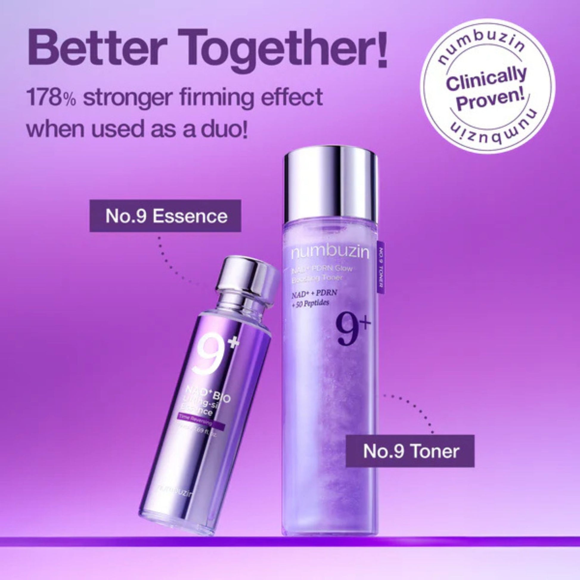 Two skincare bottles, No. 9 Essence and No. 9 Toner, on a purple background with Nymbuzin branding.