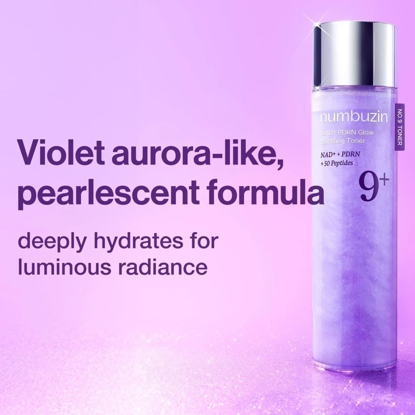 Skincare bottle with purple label on a purple background, featuring text about a 'Violet aurora-like' formula.