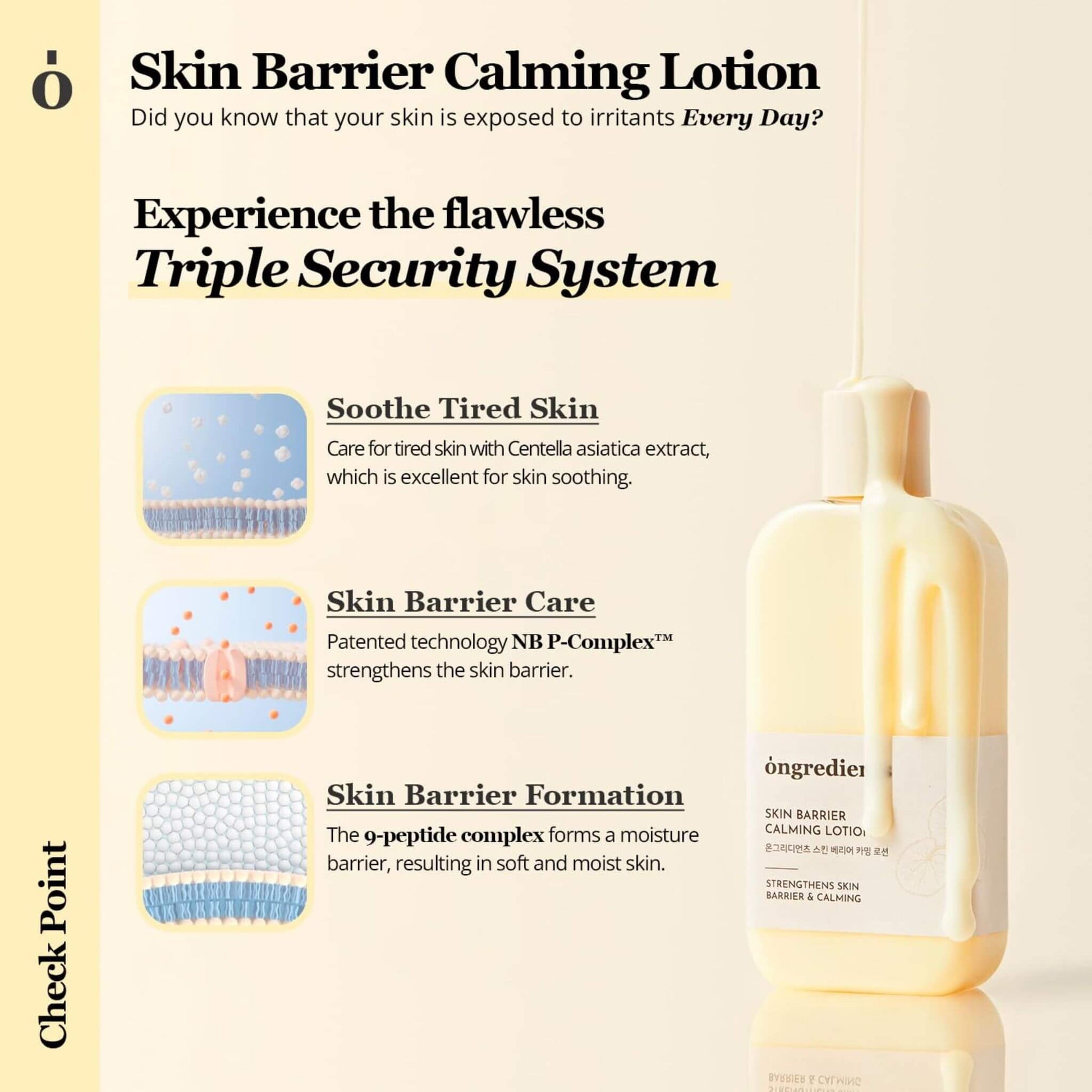 Advertisement for Skin Barrier Calming Lotion with product image and text on a beige background