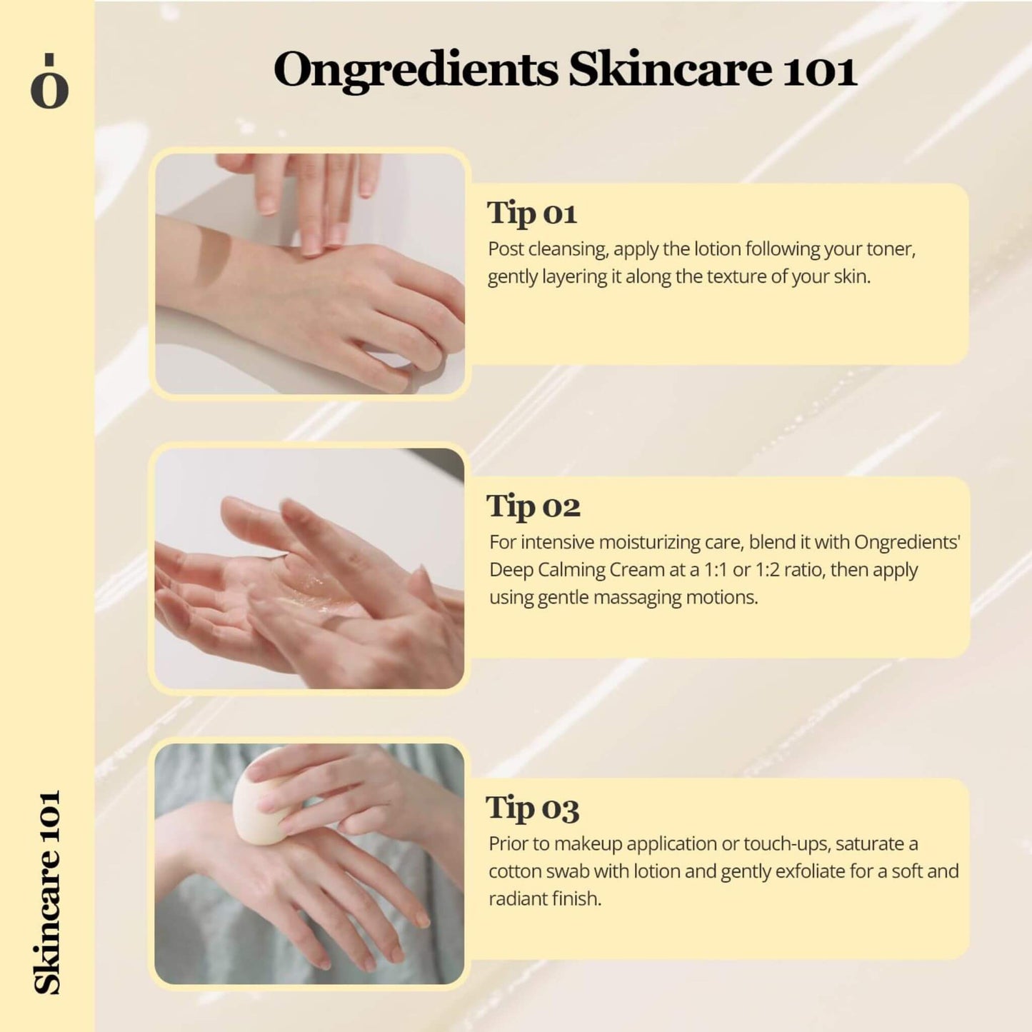 Skincare tips with hands applying lotion on a tiled background