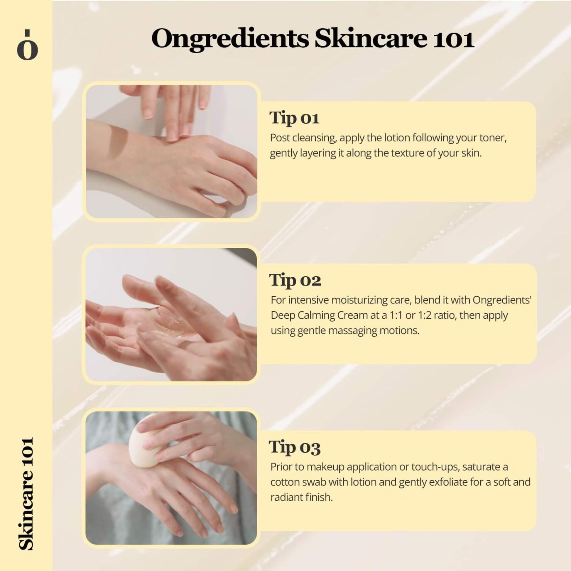 Skincare tips with hands applying lotion on a tiled background