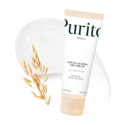 Purito Oat In Calming Gel Cream tube with oat plant illustration on a white background