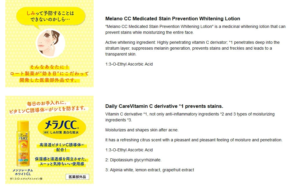 Advertisement for Melano CC Medicated Stain Prevention Whitening Lotion with product packaging and text.