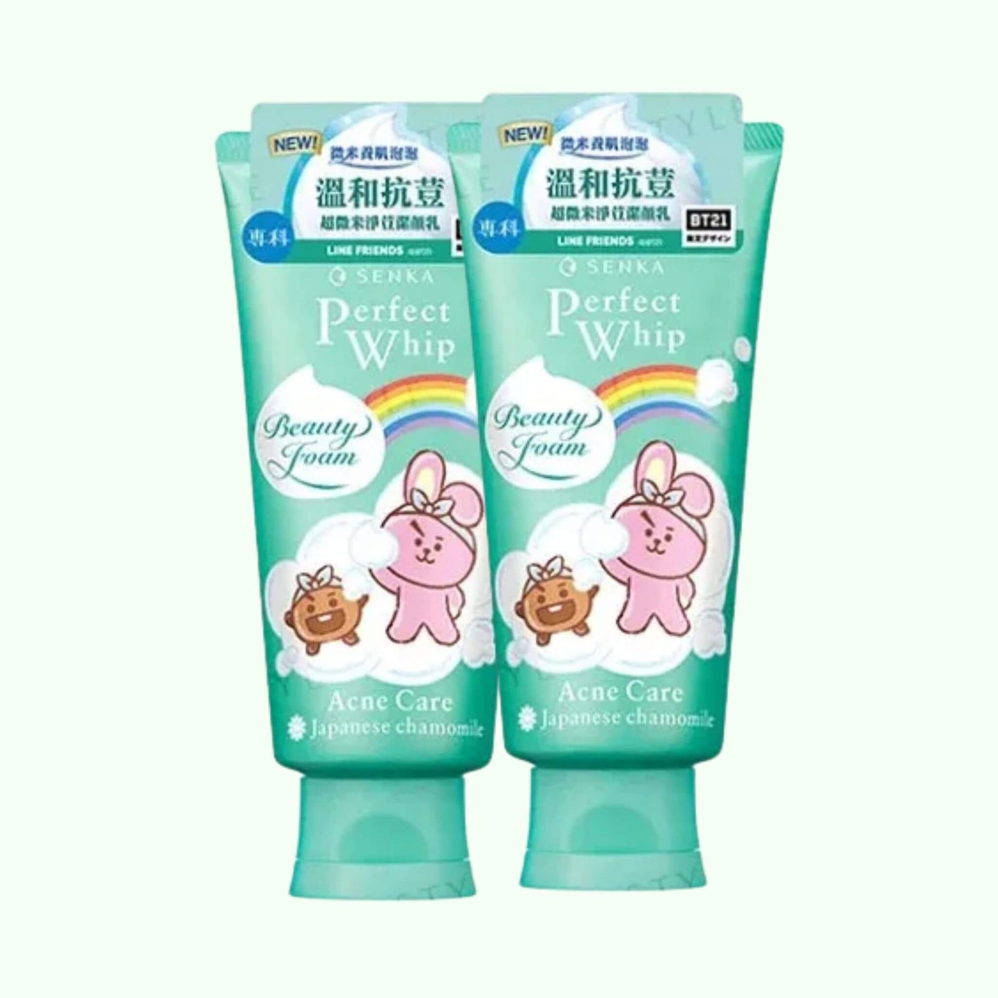 SENKA Perfect Whip Acne Care Cleanser – limited edition BT21 Line Friends packaging with Japanese chamomile, pack of 2 for gentle foaming acne care