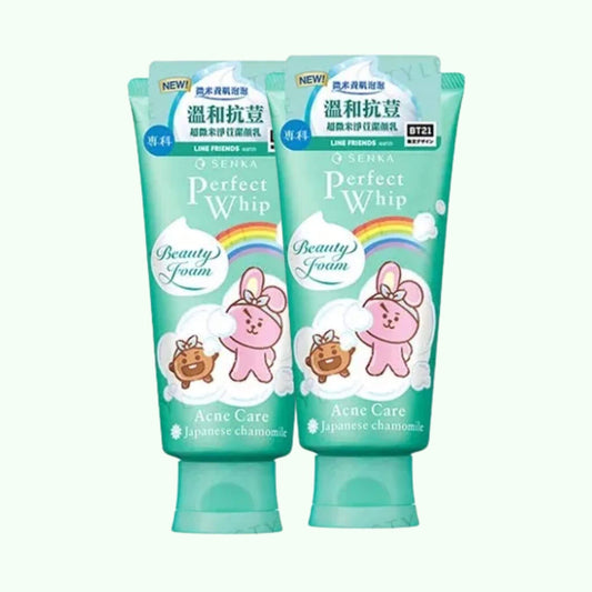 SENKA Perfect Whip Acne Care Cleanser – limited edition BT21 Line Friends packaging with Japanese chamomile, pack of 2 for gentle foaming acne care