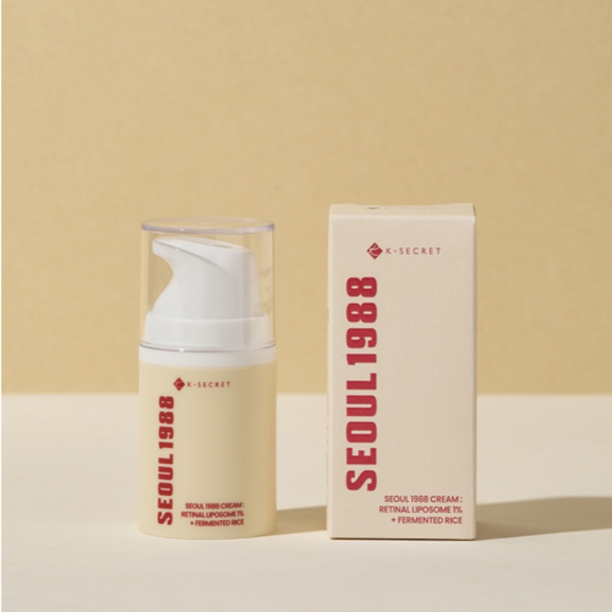 Skincare product and packaging with 'SEOUL 1988' branding on a beige background
