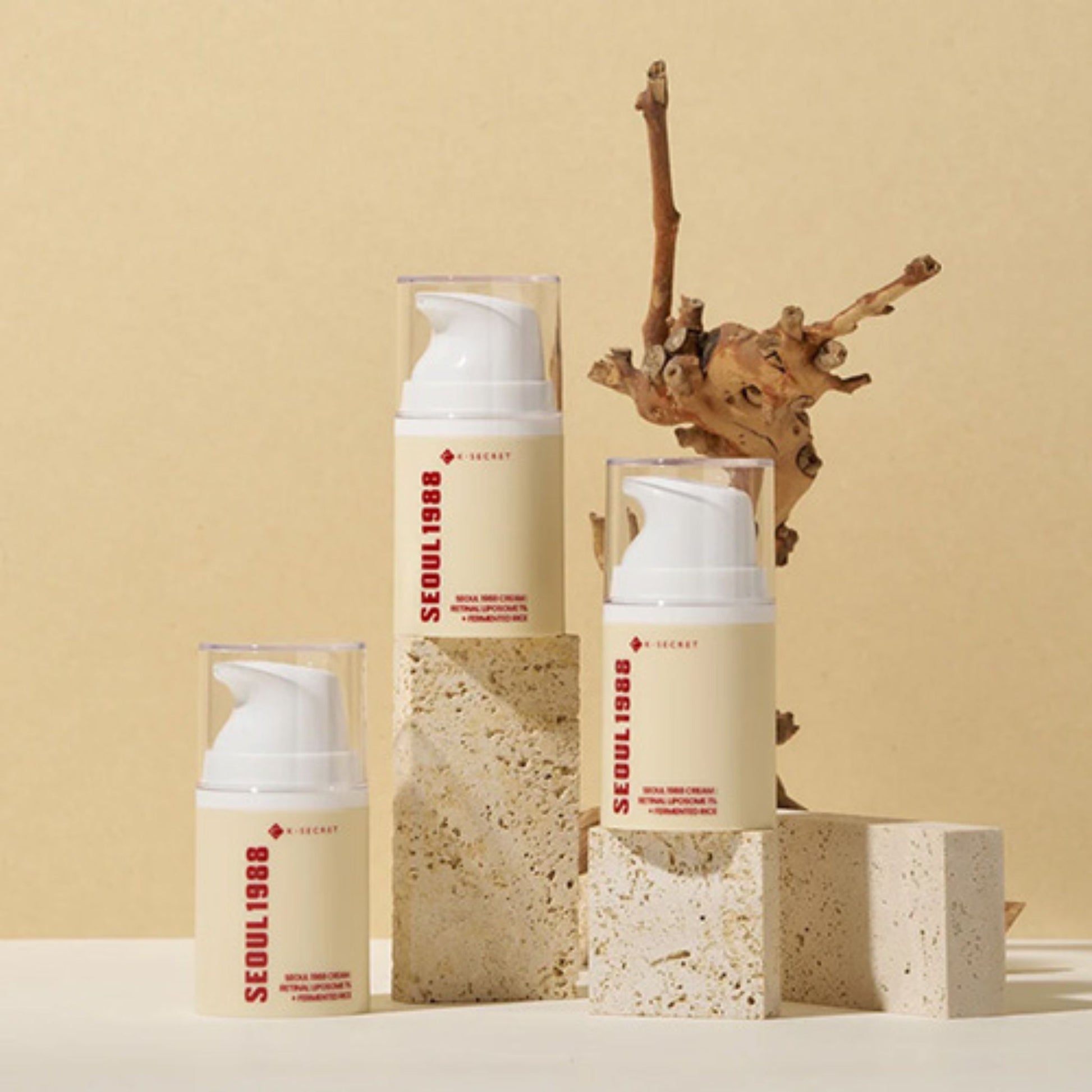 Skincare products with 'Seoul 1988' branding on a beige background