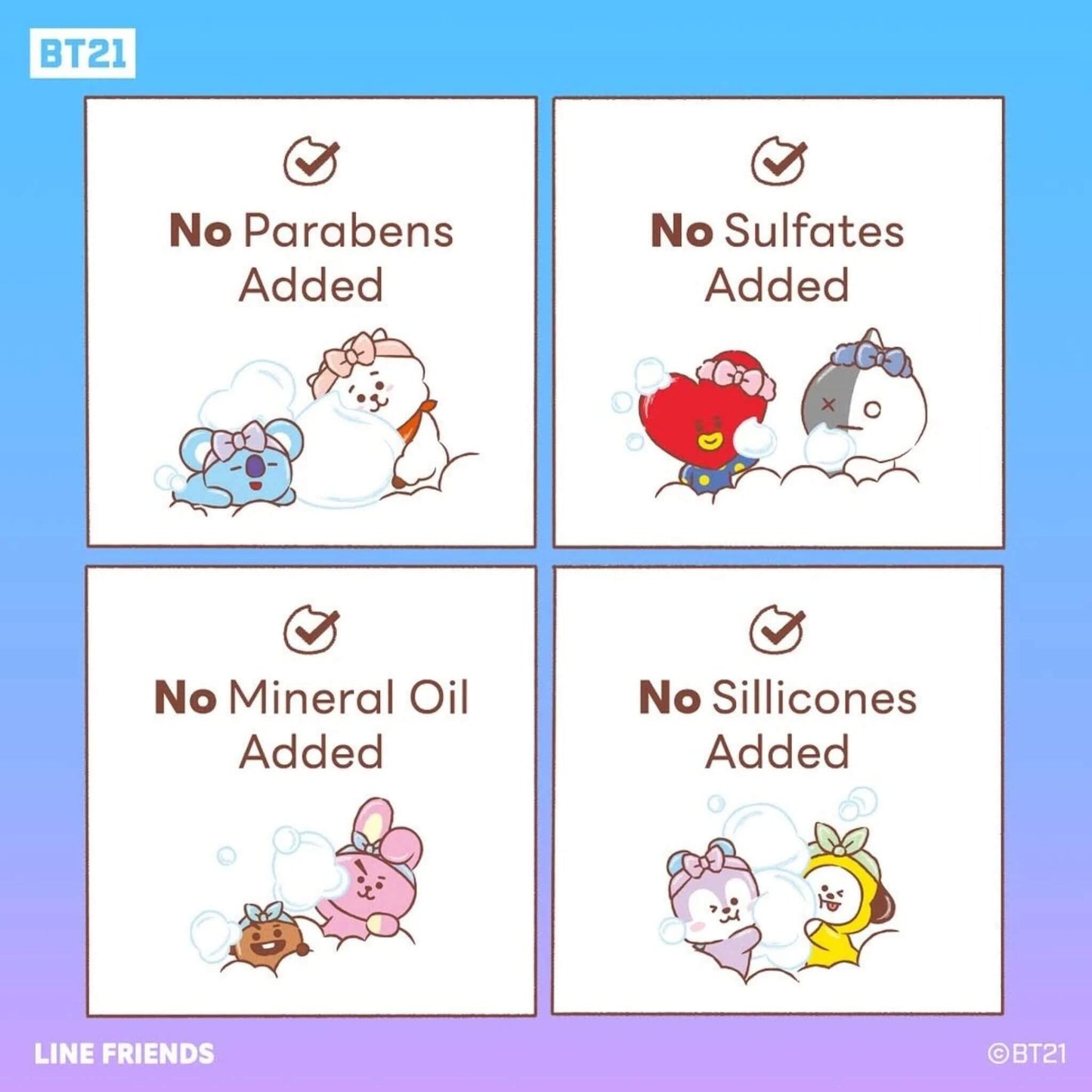 Cartoon characters from LINE FRIENDS promoting ingredients not added to a product, with 'No Parabens Added', 'No Sulfates Added', 'No Mineral Oil Added', and 'No Silicones Added' on a gradient blue and purple background.