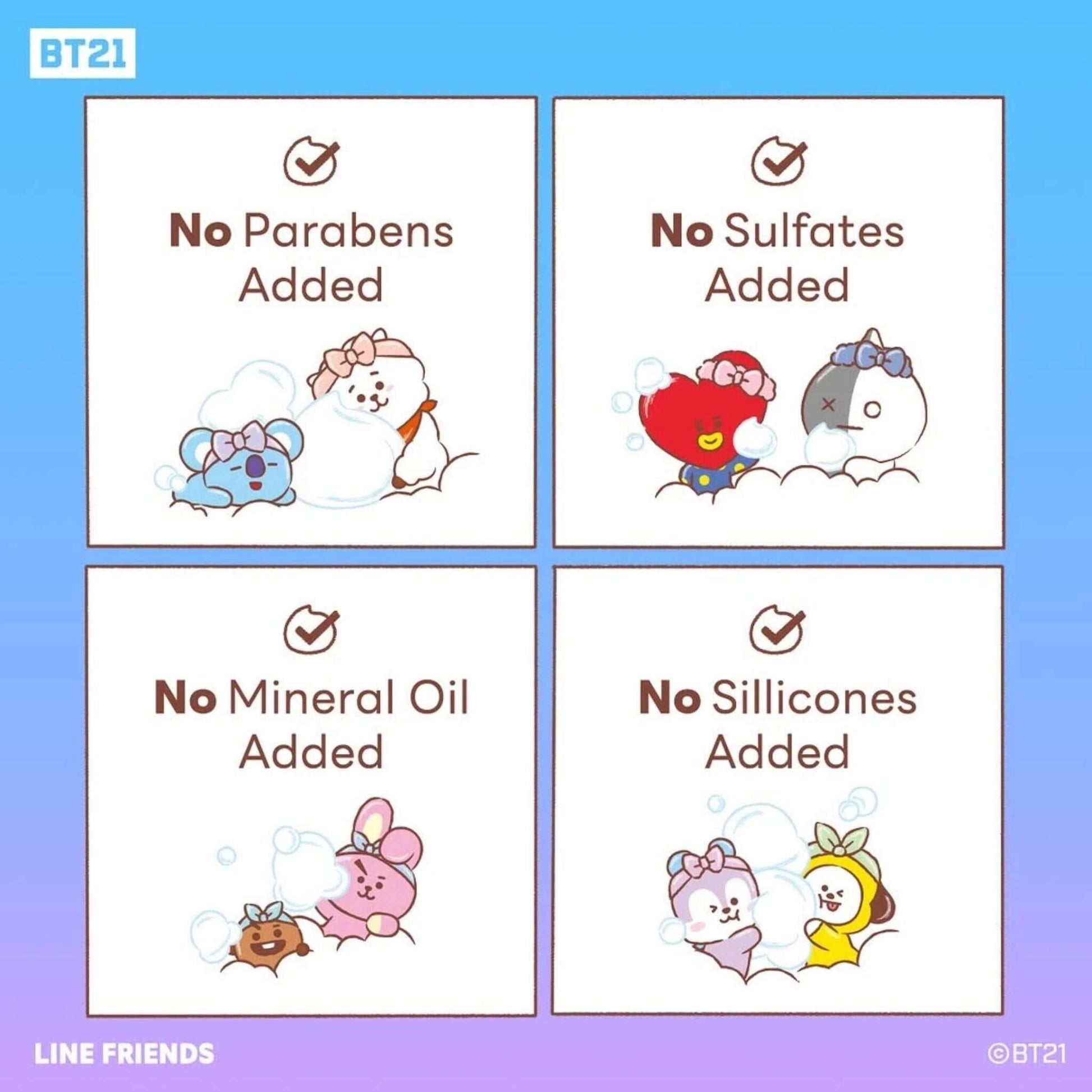 Cartoon characters from LINE FRIENDS promoting ingredients not added to a product, with 'No Parabens Added', 'No Sulfates Added', 'No Mineral Oil Added', and 'No Silicones Added' on a gradient blue and purple background.