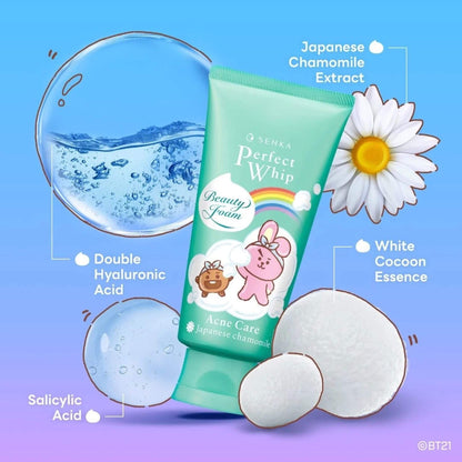 Tube of 'Perfect Whip' beauty foam with ingredients listed on a blue and purple gradient background