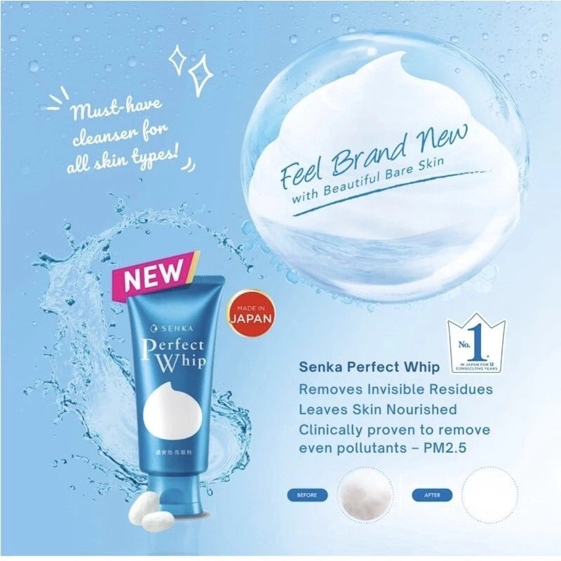 Senka Perfect Whip cleanser packaging with product and text on a blue background