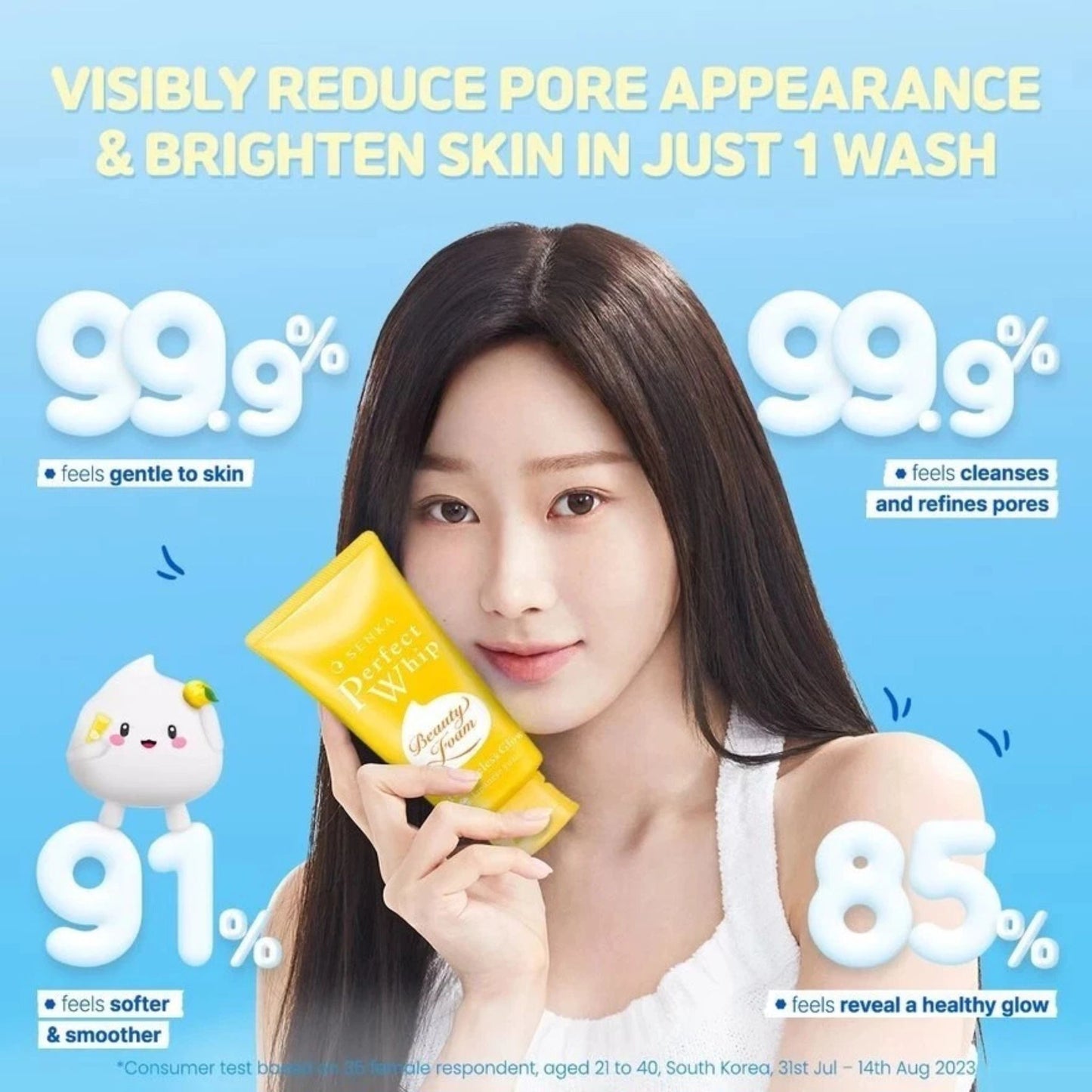 Advertisement featuring a woman holding a skincare product with text about pore reduction and skin brightening.