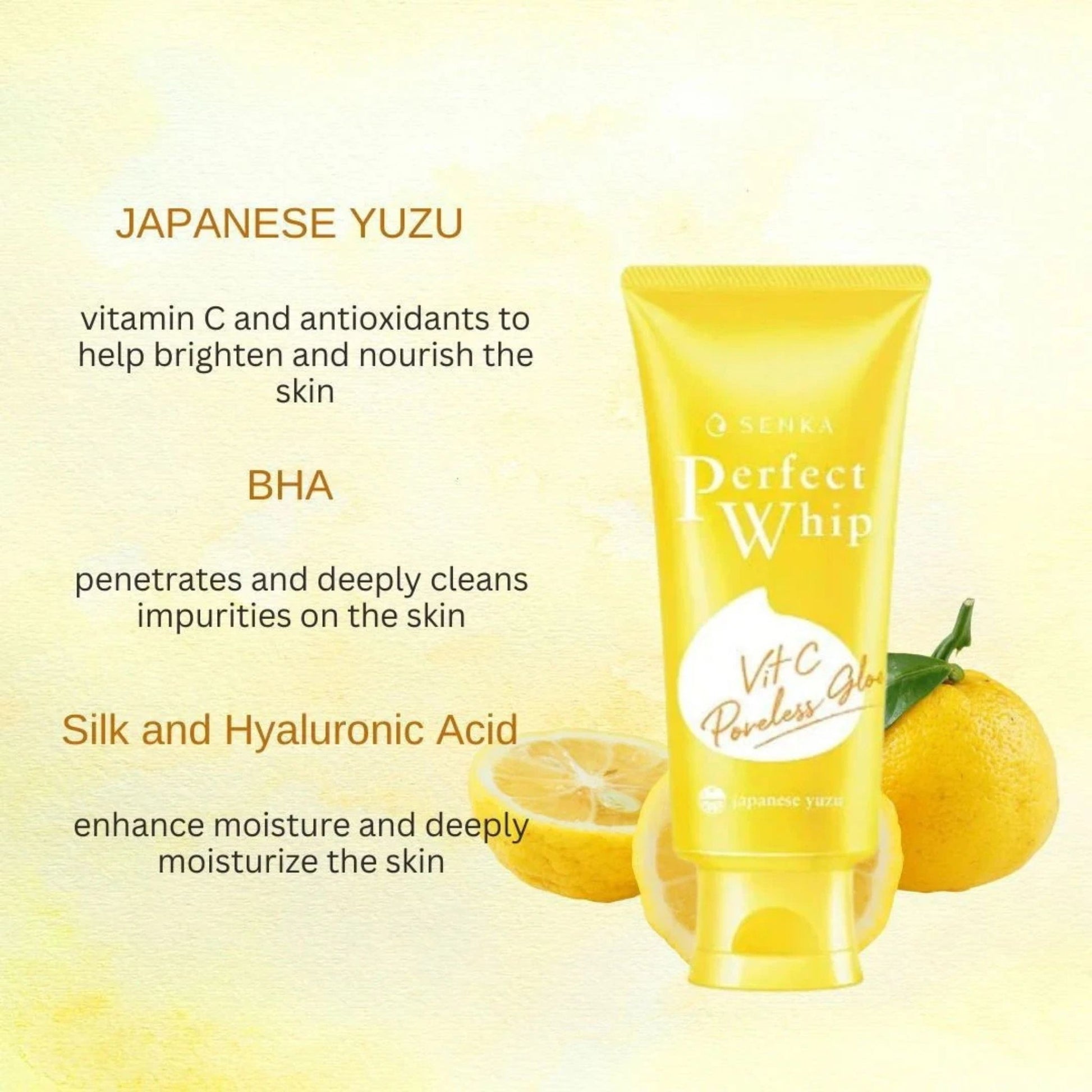 Skincare product with lemon and text about ingredients on a light yellow background