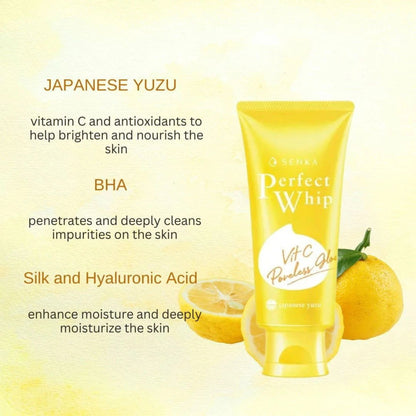 Skincare product with lemon and text about ingredients on a light yellow background