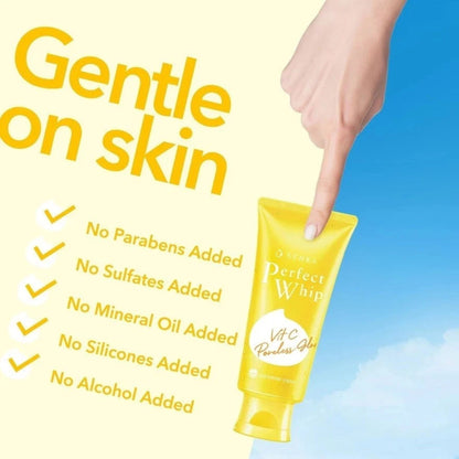 Yellow skincare product with text highlighting 'Gentle on skin' and ingredient safety features against a blue sky background.