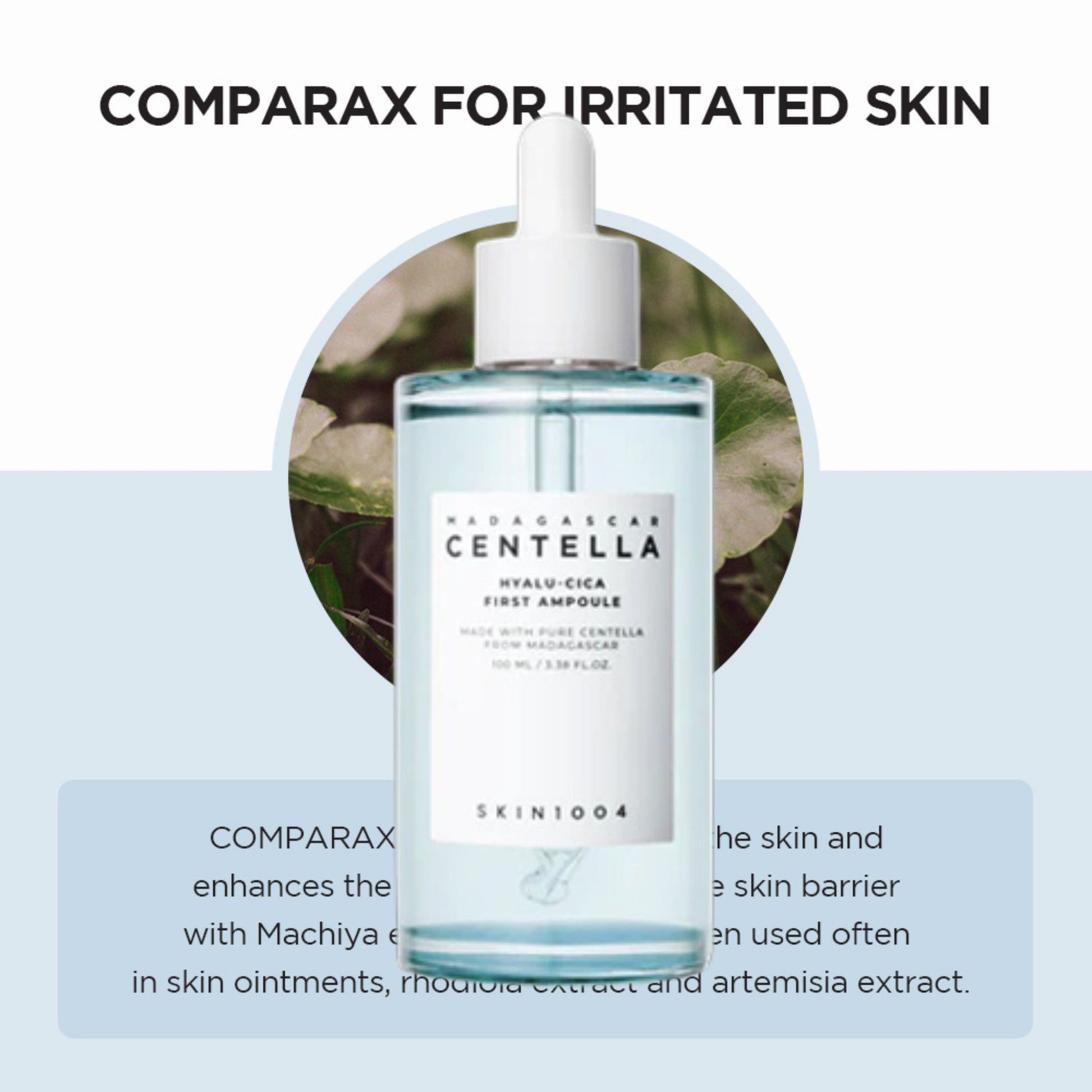 Bottle of Centella Asiatica Hyaluronic Acid Ampoule with text about its use for irritated skin.