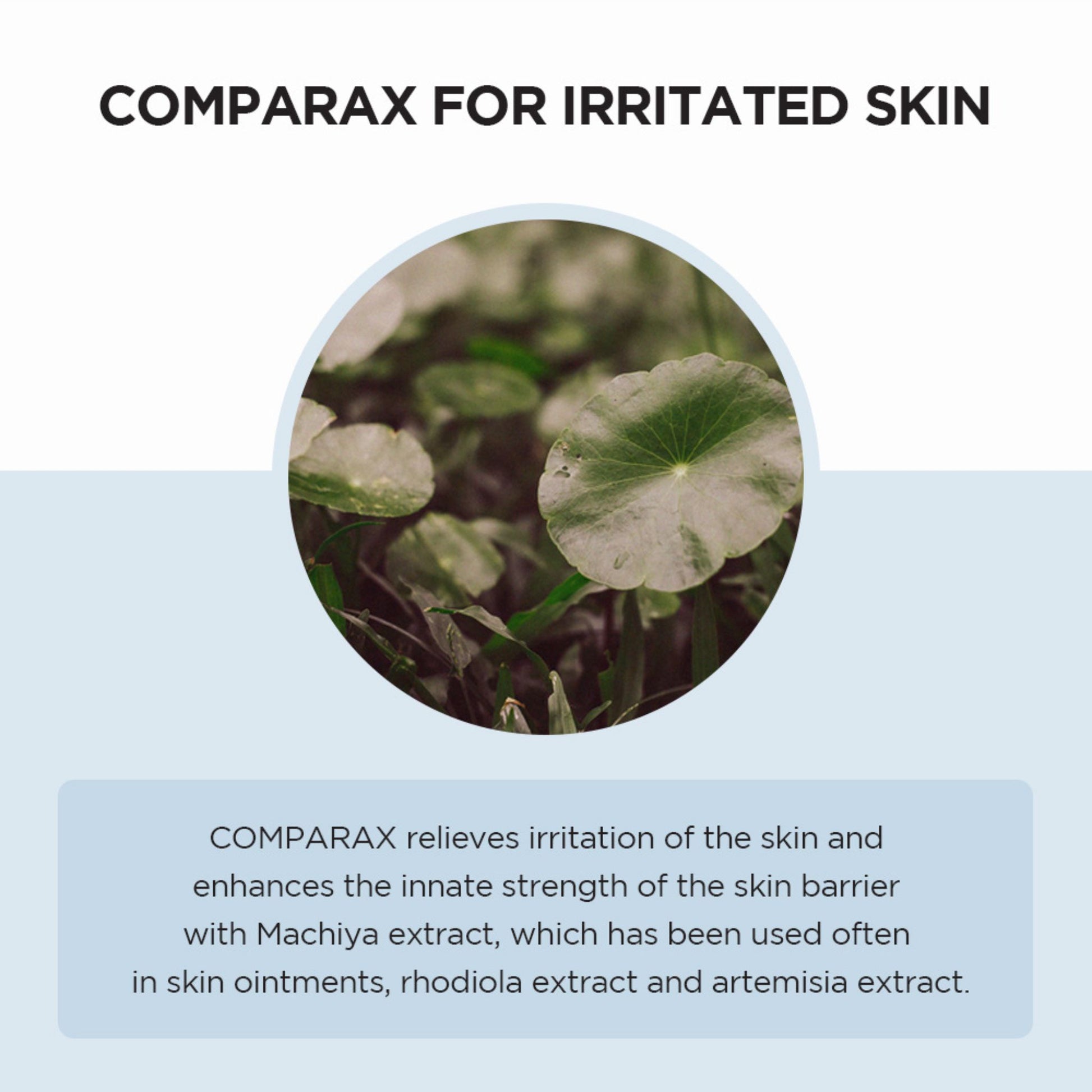 Product advertisement for COMPARAX for irritated skin with a close-up of green leaves.
