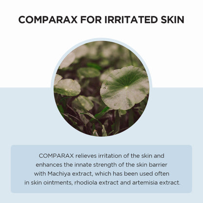 Product advertisement for COMPARAX for irritated skin with a close-up of green leaves.