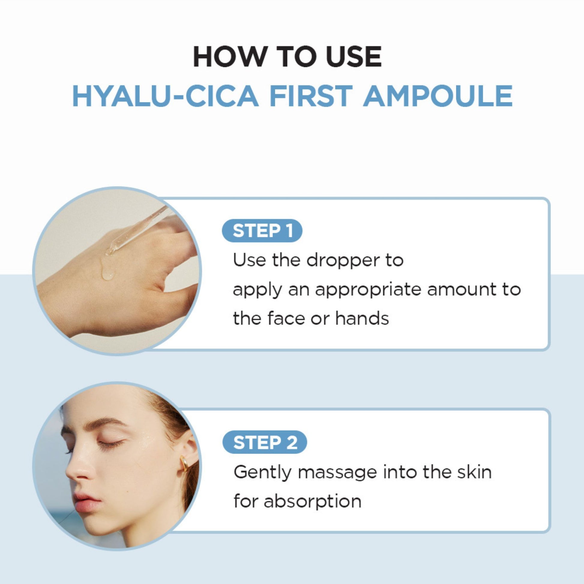 Instructions on how to use Hyalu-Cica First Ampoule with step-by-step guidance.