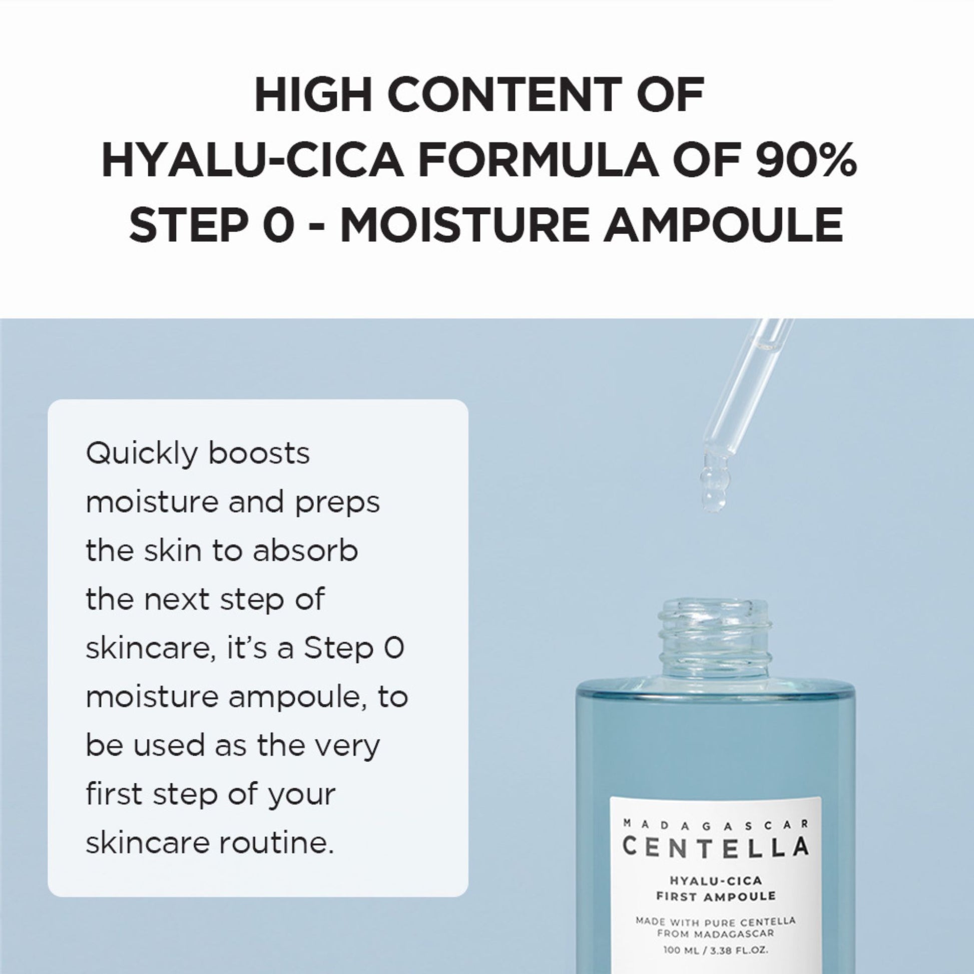 Moisture ampoule bottle with text about hyalu-cica formula on a light blue background